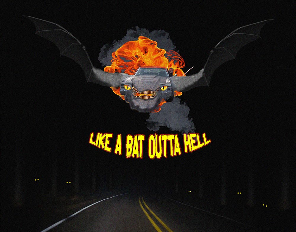 image of a chevelle with batwings and a dragon face flying above a dark, forest road.