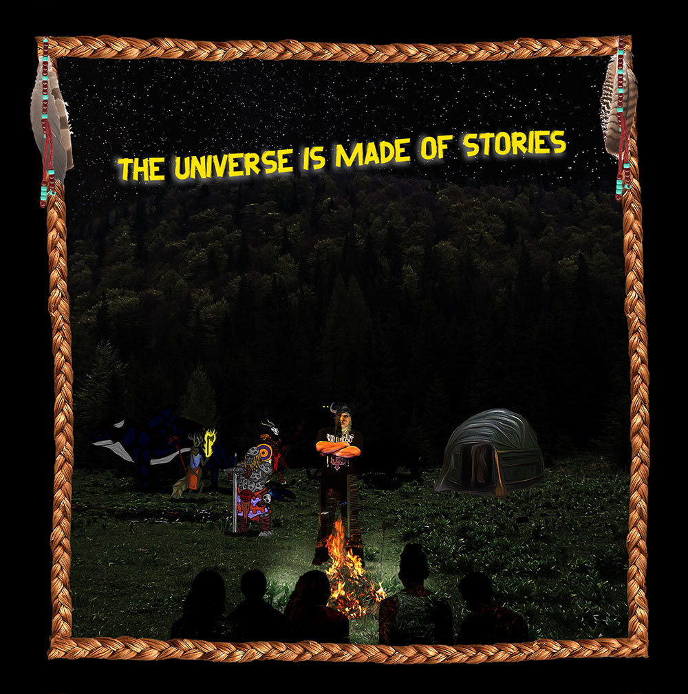 A shaman on a dark hill, telling stories to teenage children with cartoon characters in background